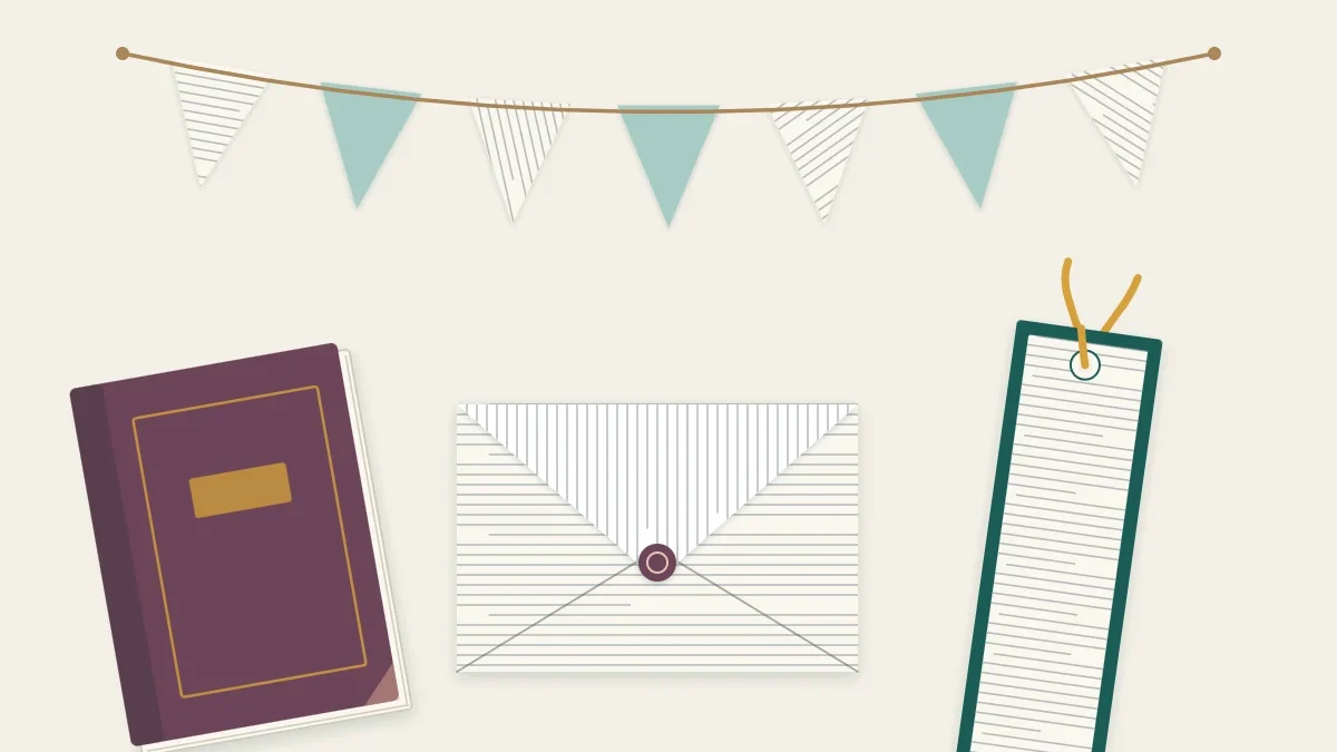 An envelope, a bookmark and a small garland made from printed book pages