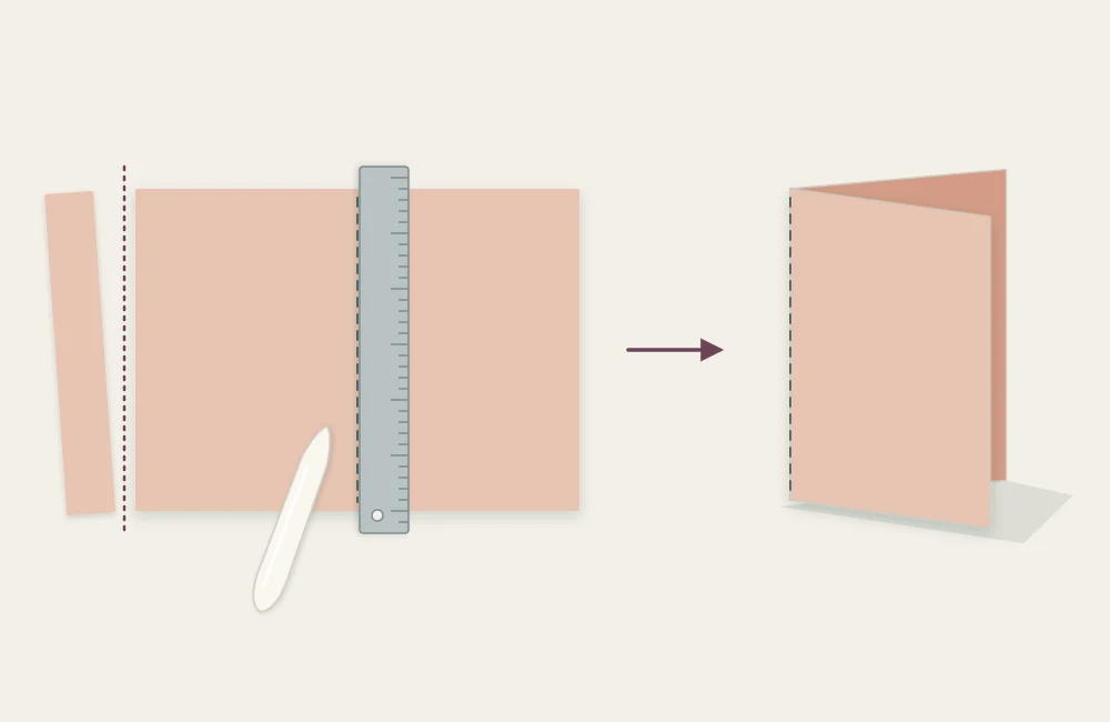 A sheet of cardstock cut to size, scored down the center and folded into a card base