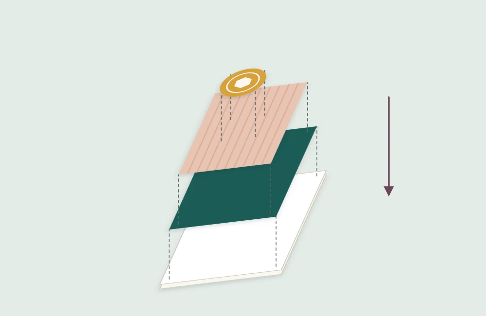 Exploded view of a handmade card showing the card base, a mat layer, a smaller front panel and a small embellishment