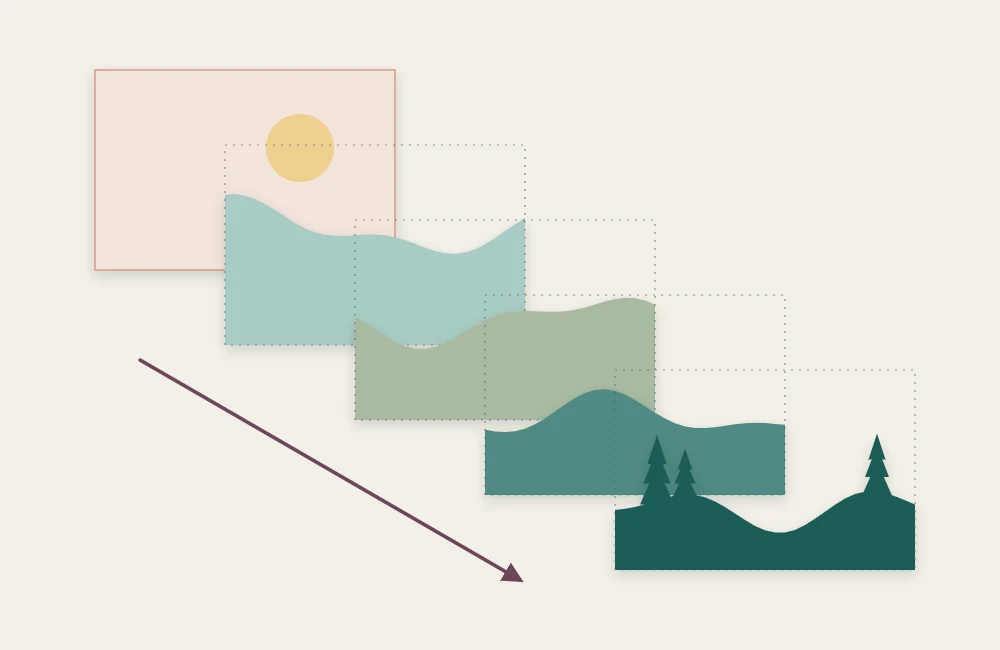 Sky sheet and five paper hill layers laid out separately and offset, ordered from the tallest back layer to the shortest front layer