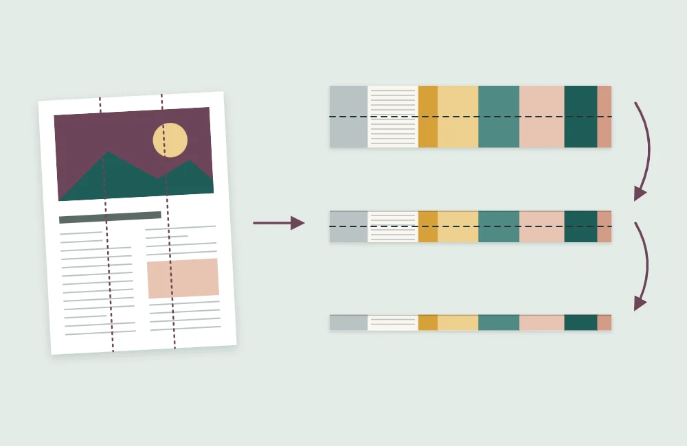 A magazine page folded lengthwise several times into a narrow, flat strip
