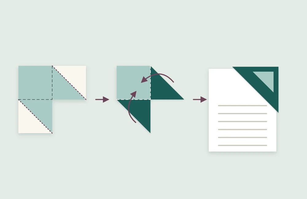 Corner bookmark construction: an L-shaped piece with two triangles folded over a square back to form a pocket
