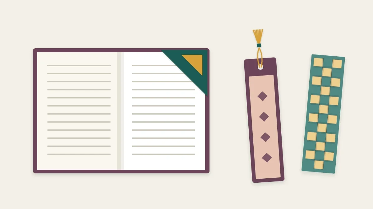 Three paper bookmarks: a corner bookmark on a page corner, a layered strip with a tassel hole and a woven strip