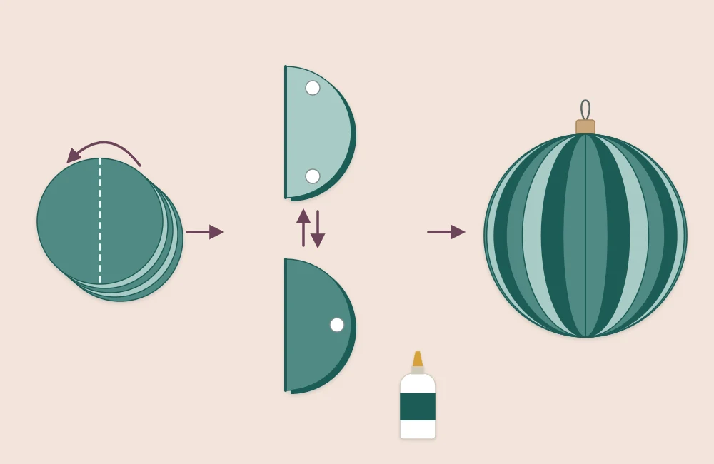 Stack of circles folded in half and glued together alternately, opening out into a round ribbed bauble