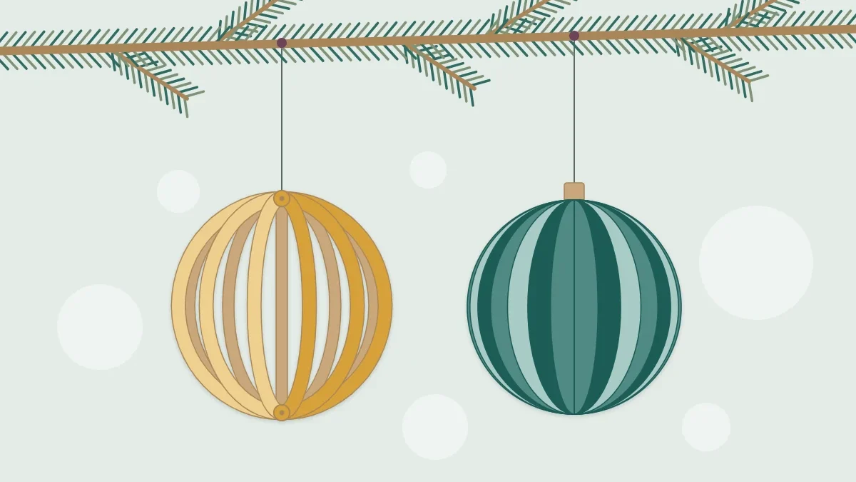 A paper strip sphere and a folded-circle paper bauble hanging from an evergreen branch
