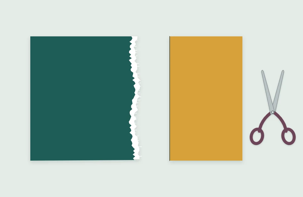 Two paper shapes side by side, one with a soft torn edge showing a white core and one with a crisp cut edge