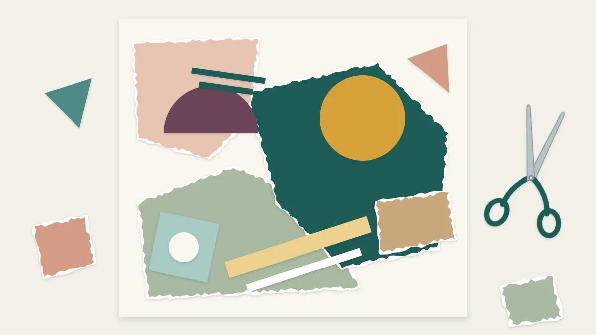 Abstract collage made of overlapping torn and cut paper shapes in a calm palette