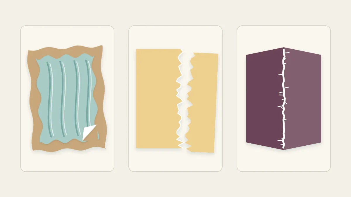 Three flawed paper samples side by side: a warped glued panel, a ragged cut edge and a cracked fold