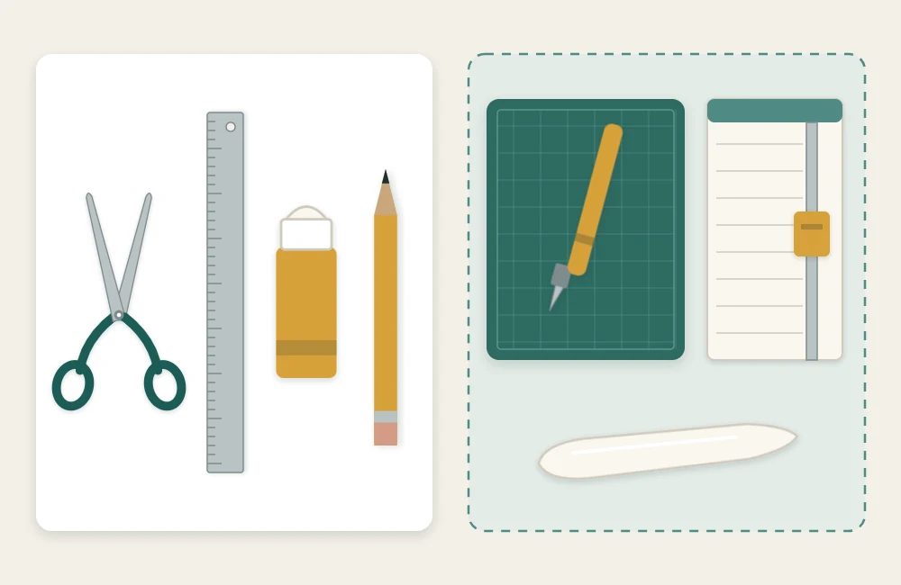 Two groups of tools: scissors, ruler, glue stick and pencil on one side; craft knife, cutting mat, bone folder and paper trimmer on the other