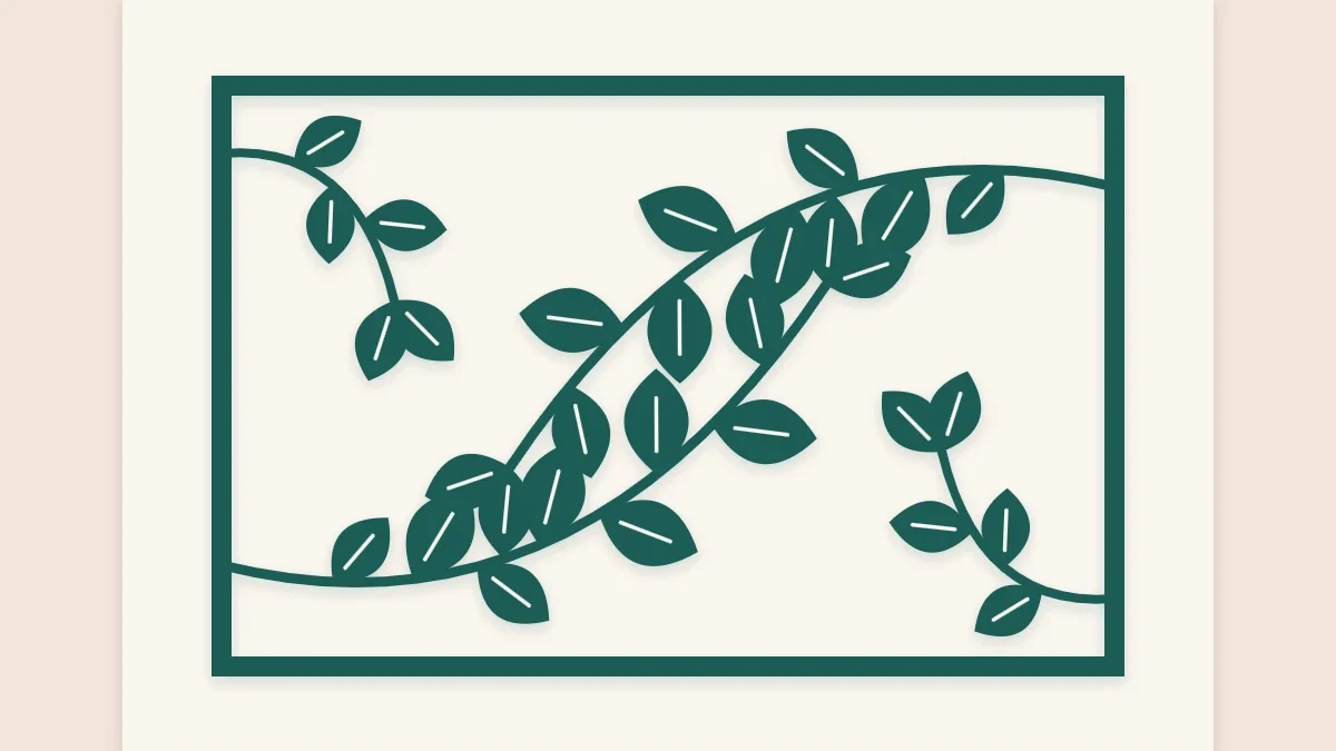 Dark papercut silhouette of leafy branches mounted on a light ground