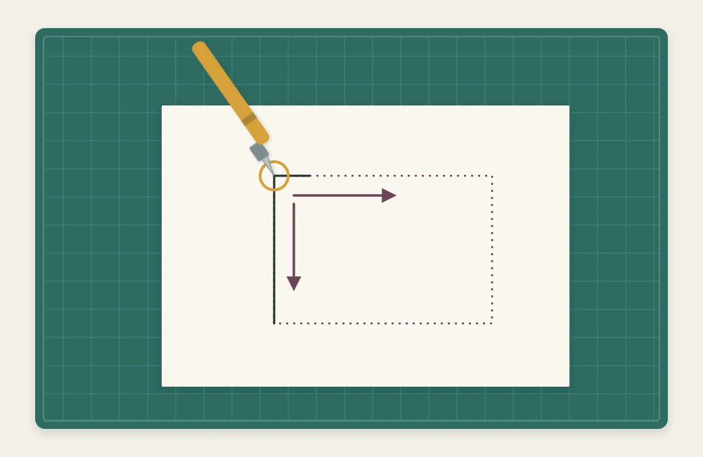 A craft knife cutting an inside corner, with both cuts starting at the corner and running outward