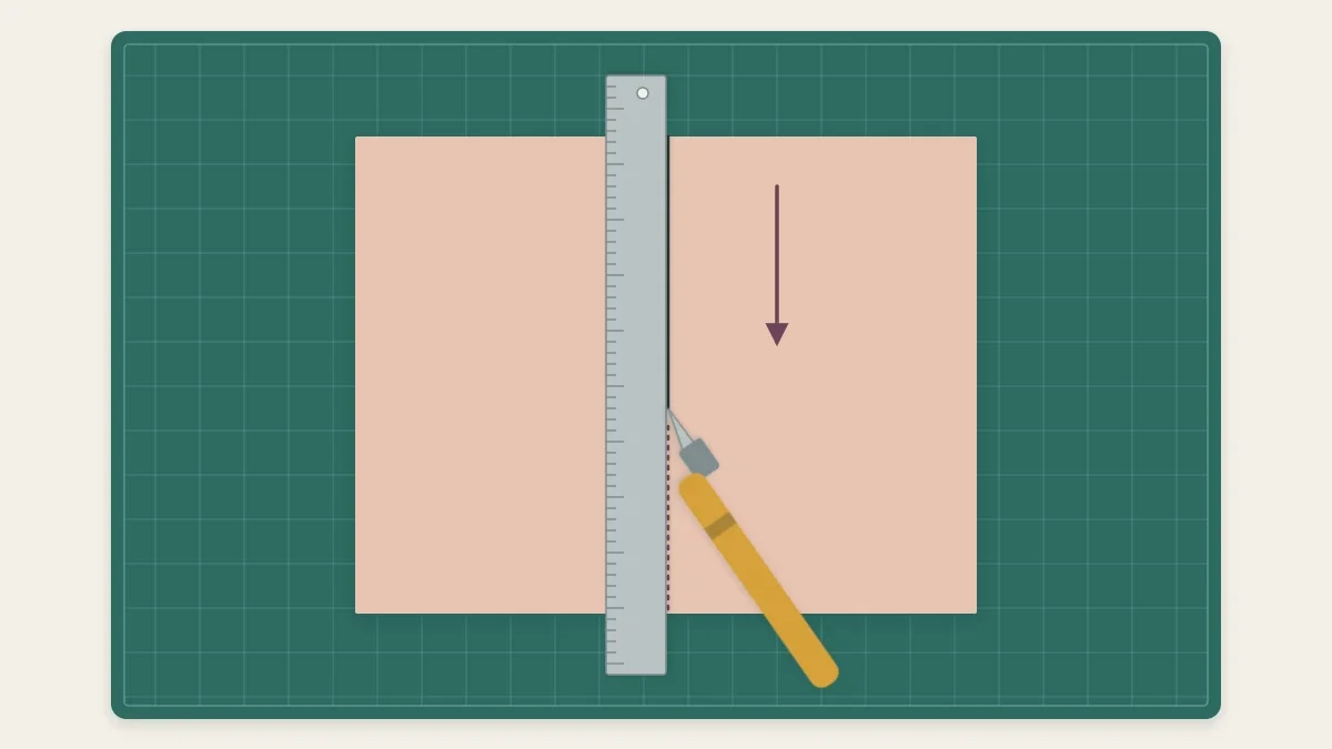 A craft knife cutting along a metal ruler on a cutting mat