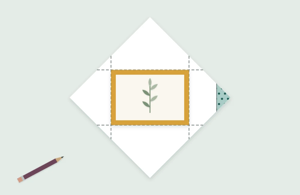 A card centered on a square of paper that has been turned to sit as a diamond