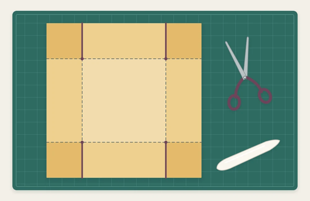 Flat cardstock square with four score lines forming a grid and four short cuts at the corners creating tabs
