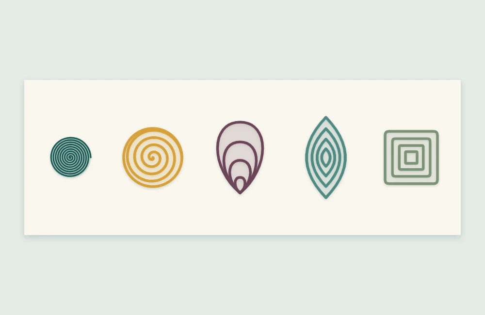 Five quilled paper shapes in a row: tight coil, loose coil, teardrop, marquise and square