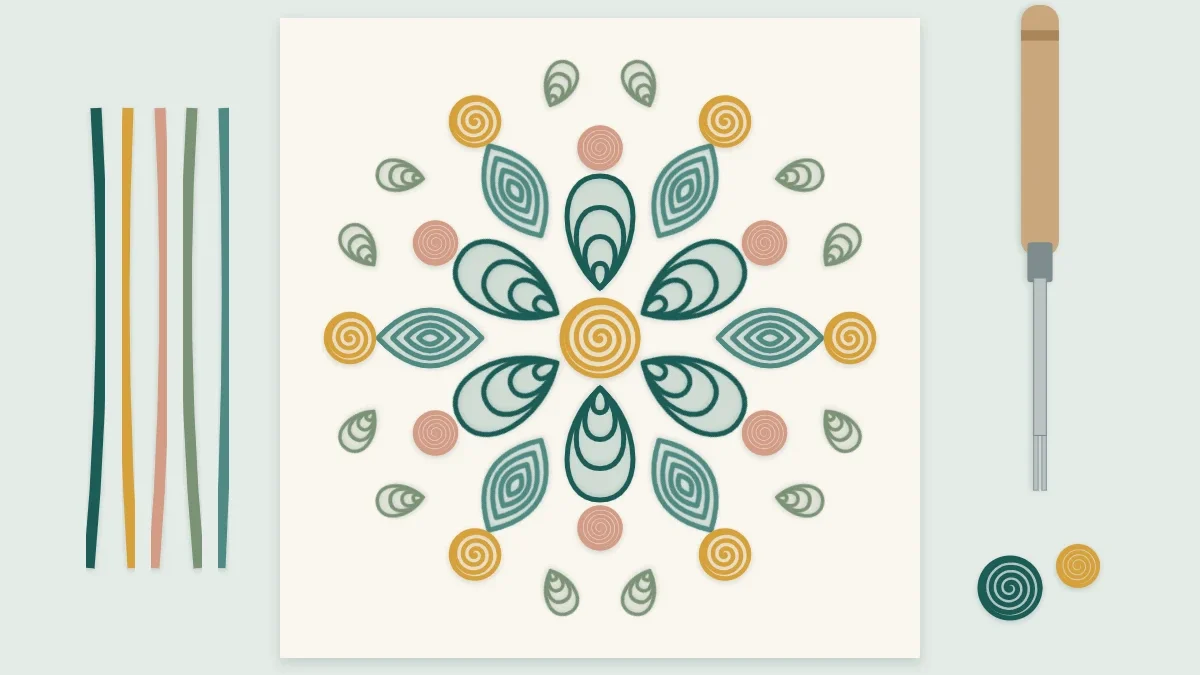 Simple quilled paper medallion made of a center coil, six teardrops and six small coils