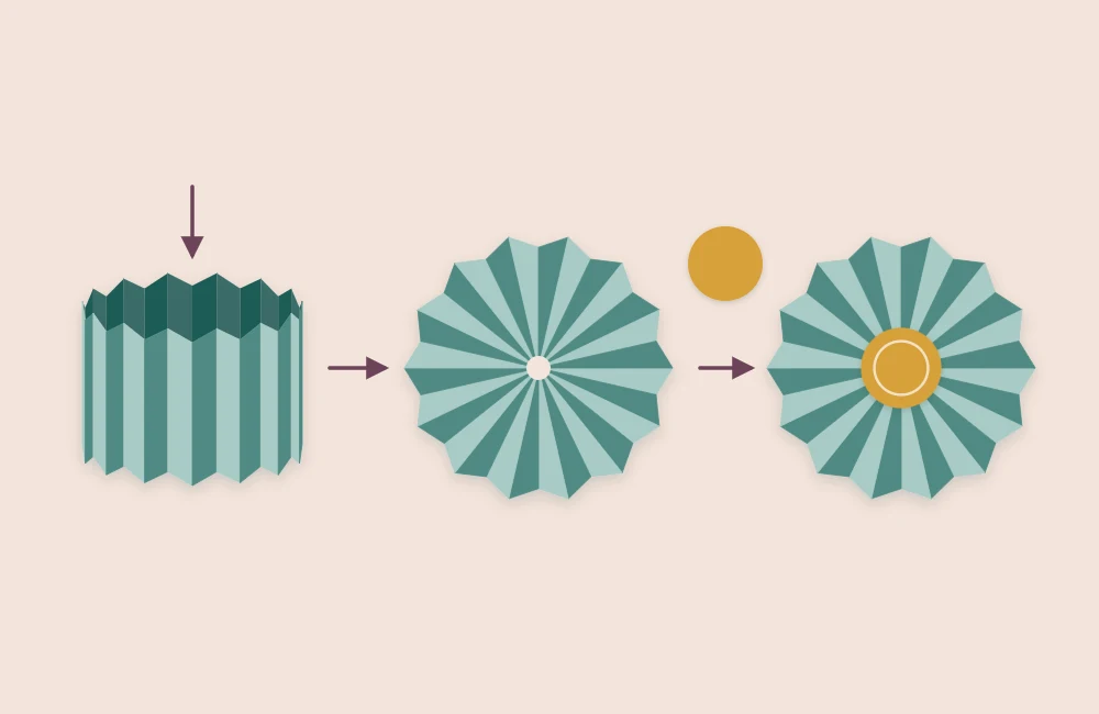 Pleated paper ring pressed flat into a rosette with a round disc glued at the center