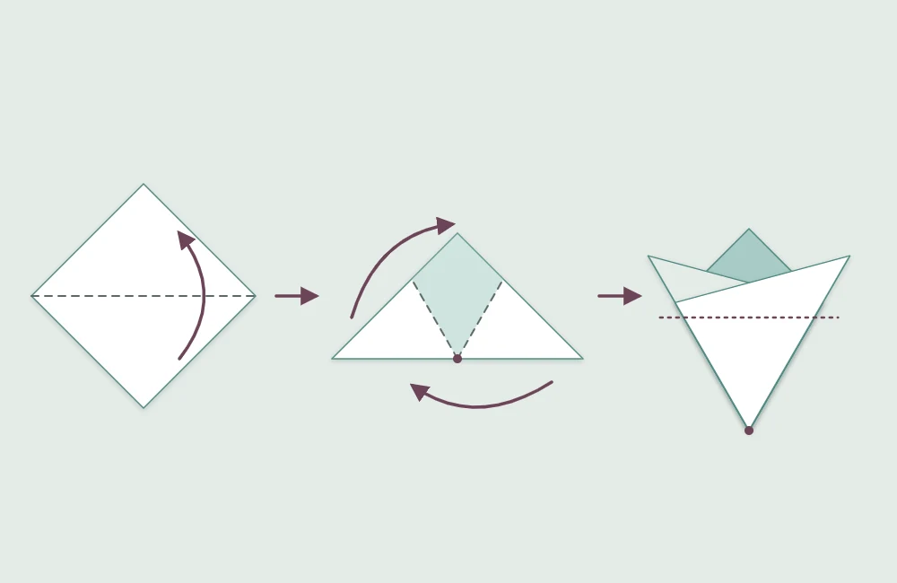 Paper square folded on the diagonal into a triangle, then folded in thirds around the center to form a narrow 60 degree wedge