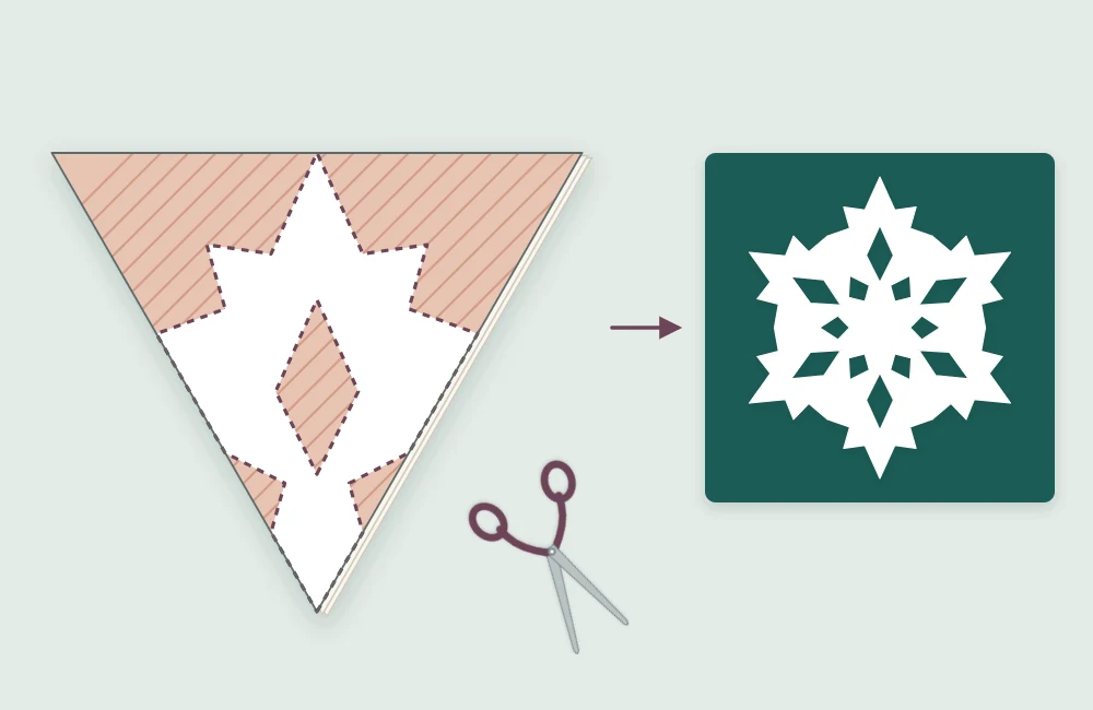 Folded paper wedge with notches, triangles and curved shapes marked along both folded sides and across the wide end, ready to cut