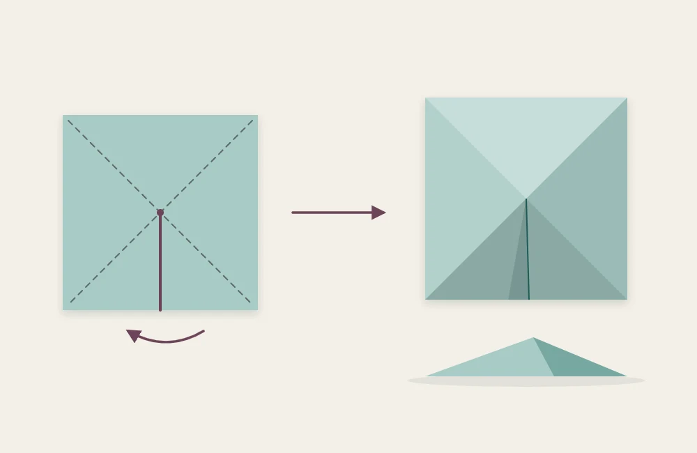 Single paper square with both diagonals scored and one cut from the edge to the center, raised into a low pyramid