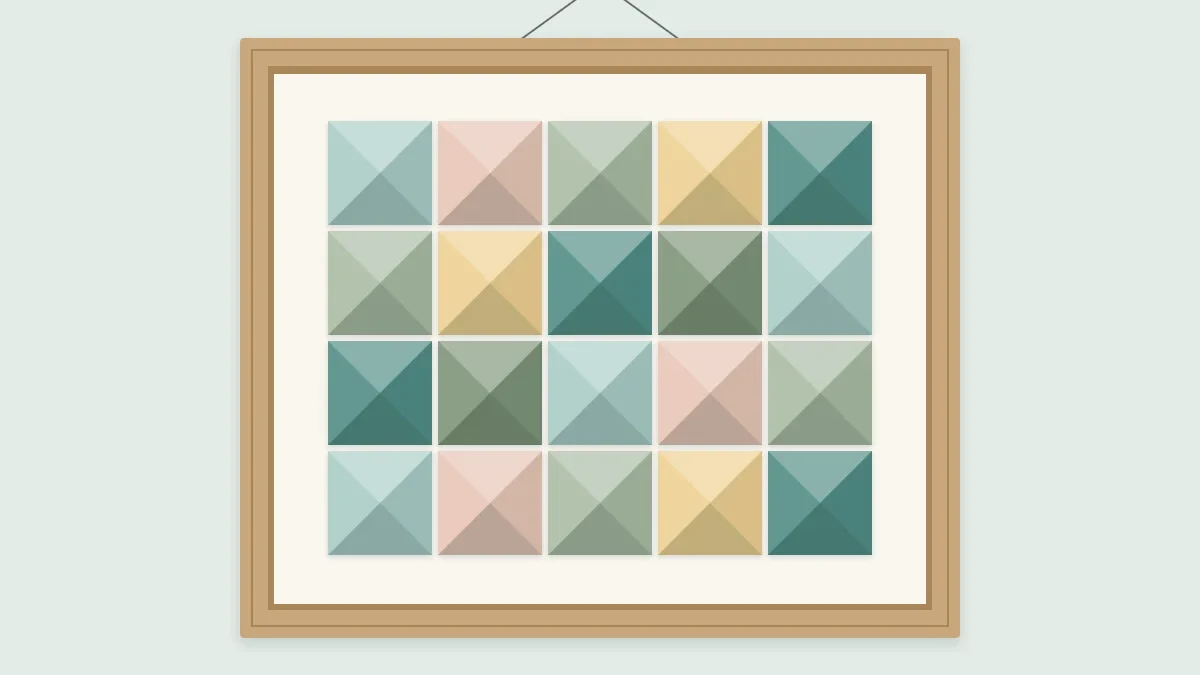 Framed grid of raised paper pyramids in a calm, muted palette