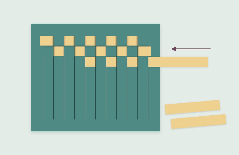 A paper strip being woven over and under the bands of a slit base sheet