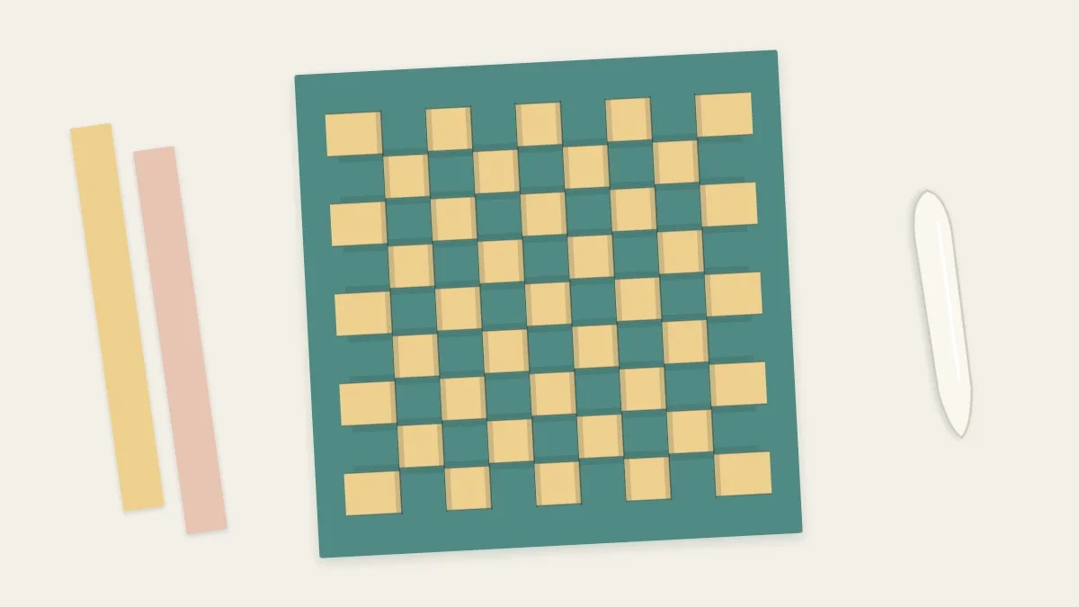 Finished two-color woven paper mat with a checkerboard center and a plain border