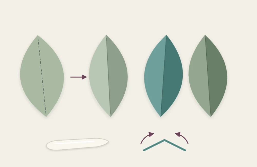 Pointed oval paper leaves in three sizes, each scored down the center and folded into a shallow V