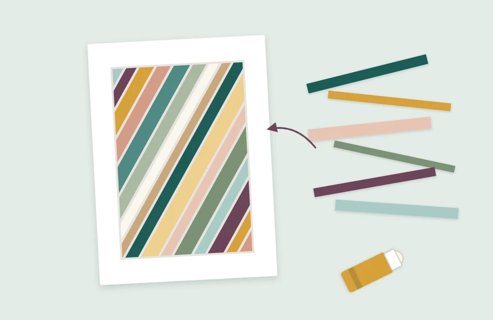 Narrow strips of colored scrap paper glued side by side as a striped mosaic panel on the front of a folded card