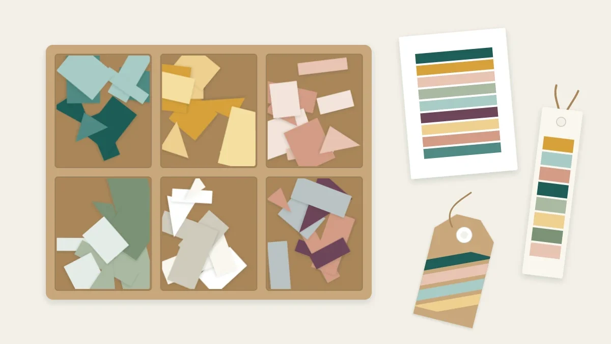 A tray of paper scraps sorted by color with a few small finished projects beside it